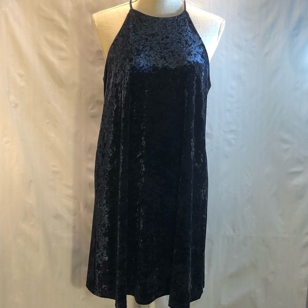 Design Lab Lord & Taylor Dress Blue Velvet Mini High Neckline Sleeveless EUC M